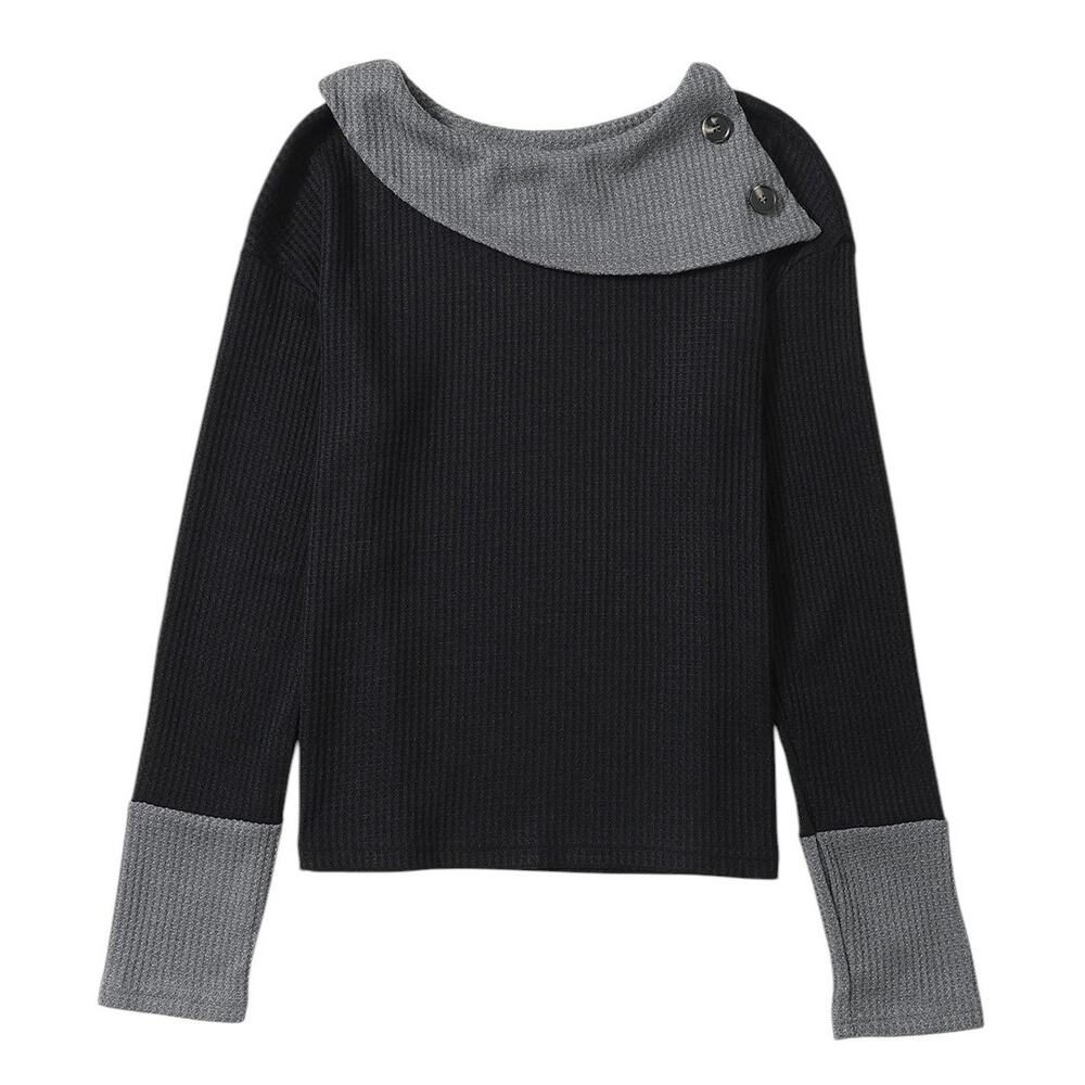 Black Waffle Knit Patchwork Color Block Asymmetrical Neck Top New Size Small - Picture 2 of 10